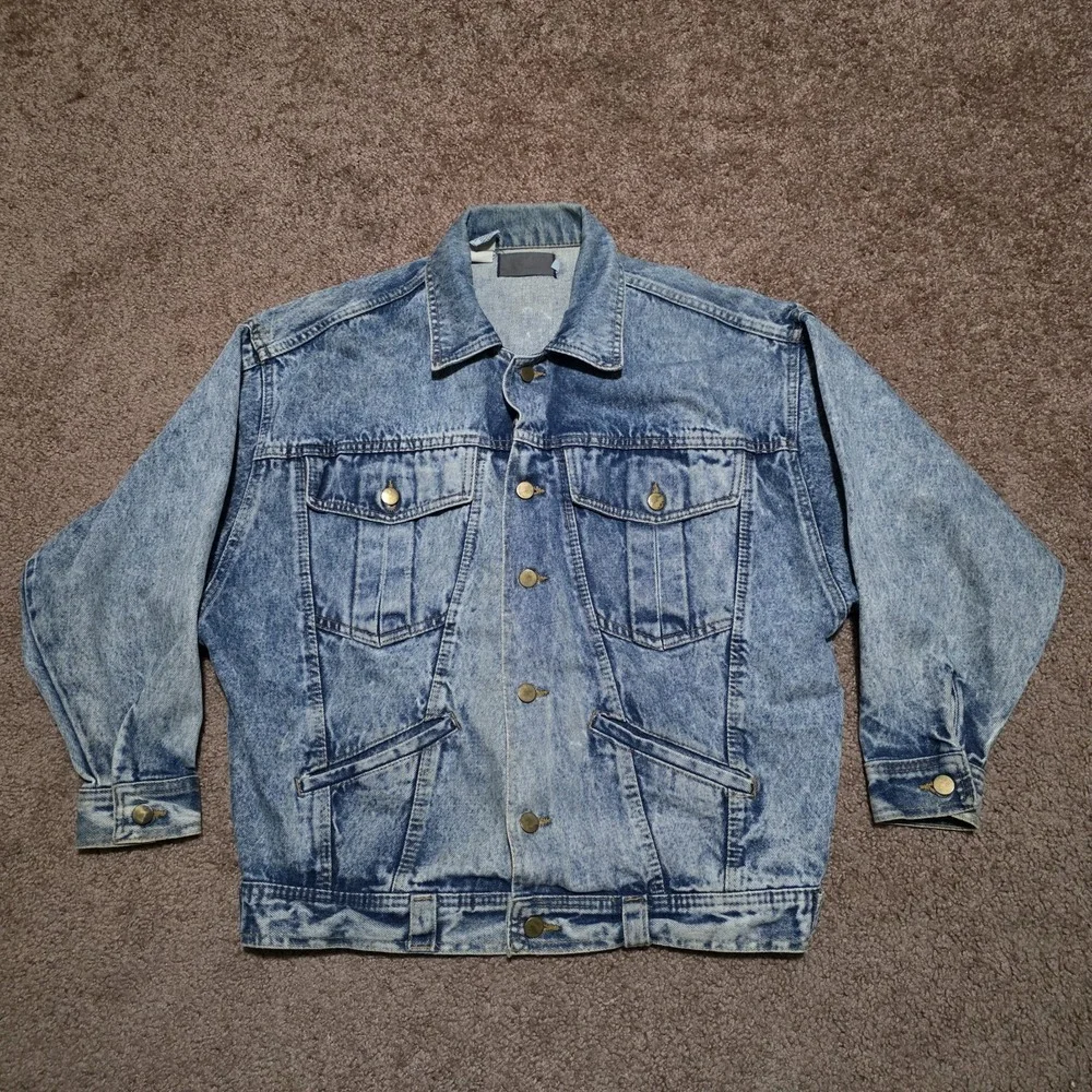 Vintage‎ 80s Blue Denim Trucker Jacket Mens Medium Light Stone Acid Wash Jean